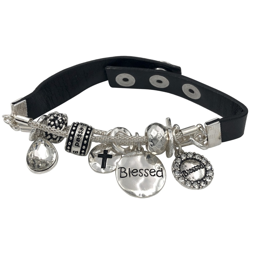 Blessed Religious Slide Charm Faux Leather Strap Bracelet